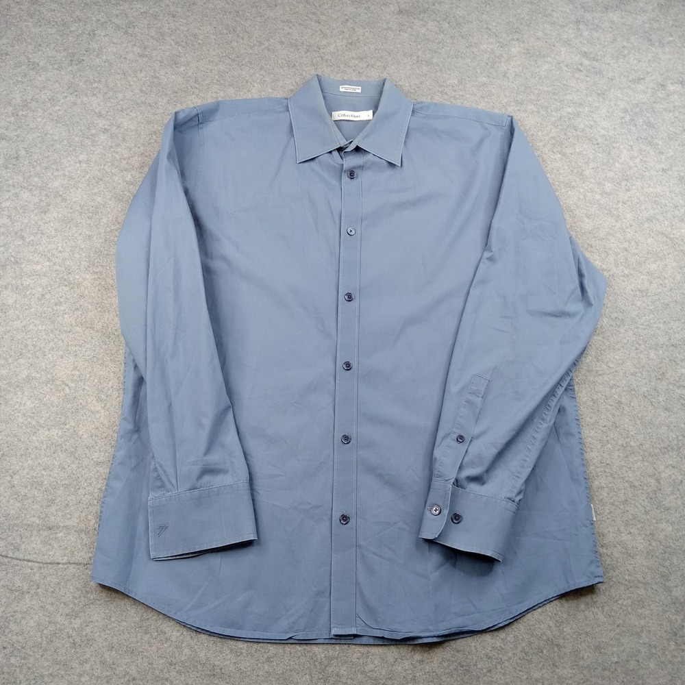 Calvin Klein Shirt Mens Large Blue Solid Stretch Dress Button Front Long Sleeve